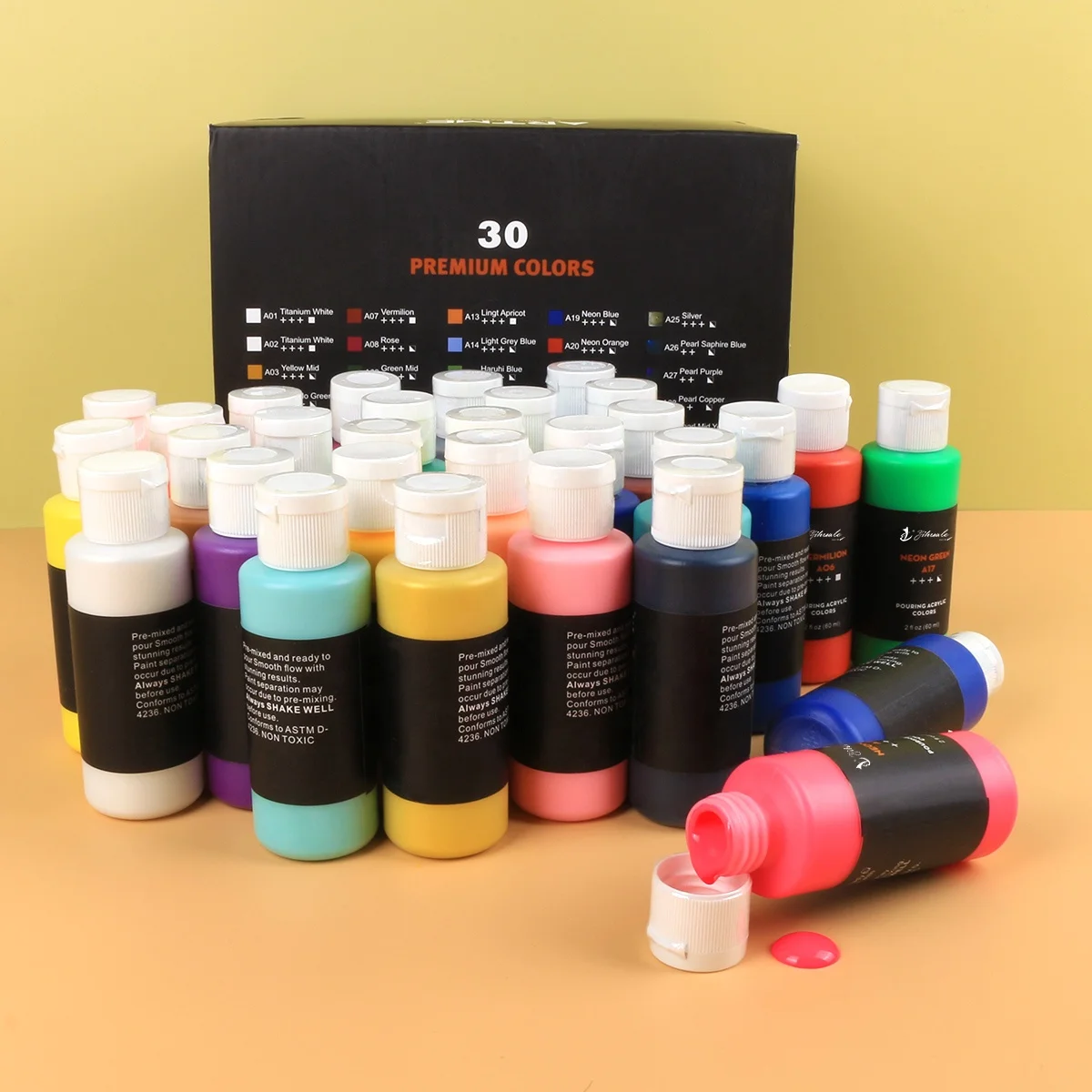 Acrylic Paint Set of 24 Colors 2Fl oz 60ml Bottles with 3 Brushes,Non Toxic 24 Colors Acrylic Paint No Fading Rich Pigment for Kids Adults Artists Can