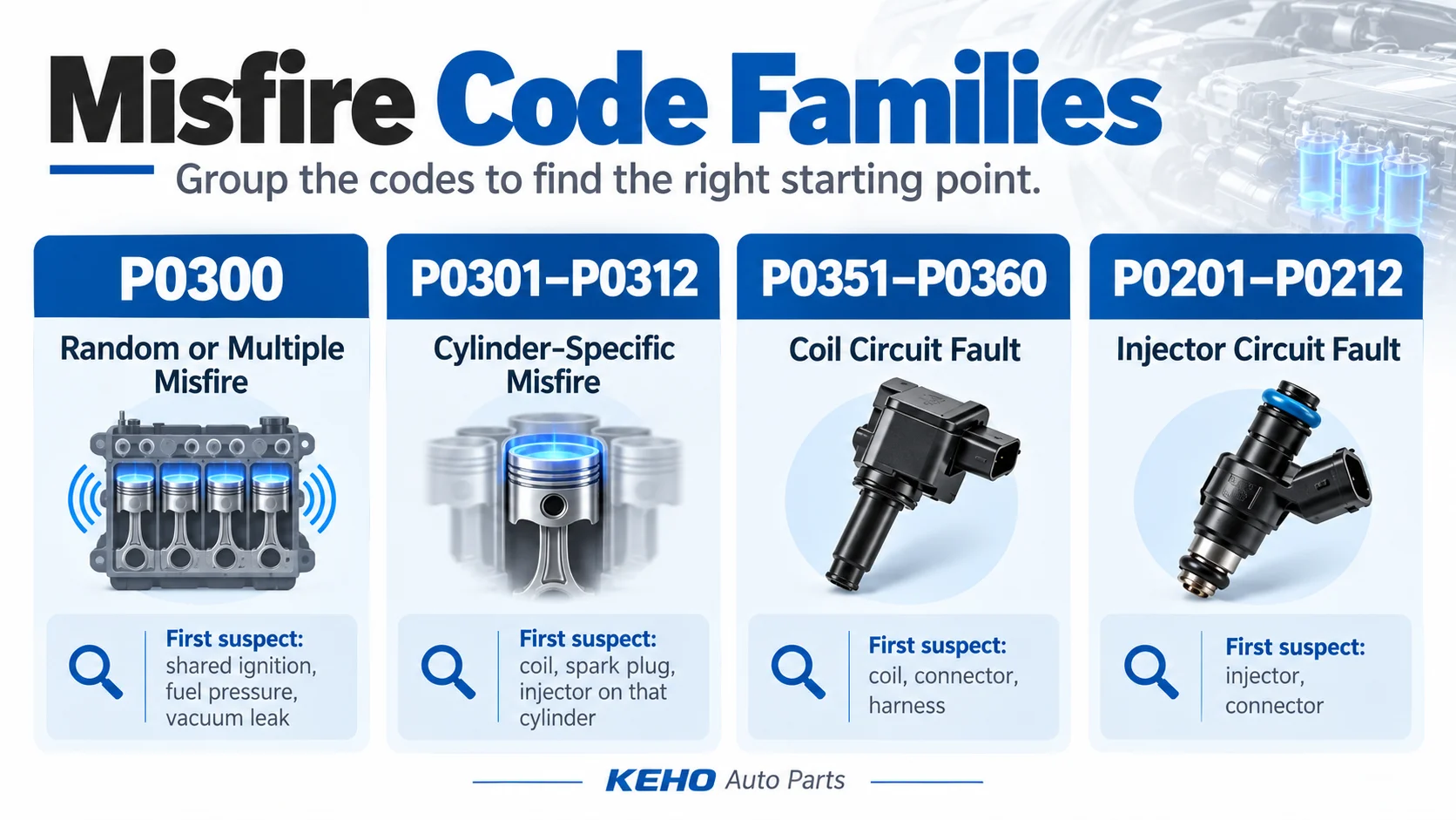 Misfire diagnostic code families P0300 P0301 P0351 P0201 mapped to first suspect parts