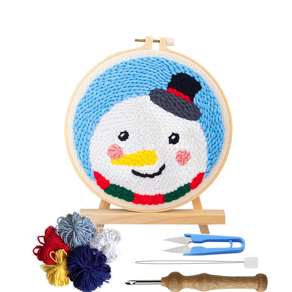 Supplier Wholesale Round Framed Rug Kit Cross Stitch DIY Christmas Punch Needle With Hoop