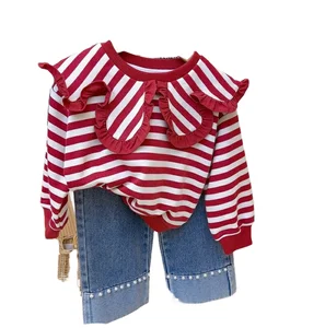 2026 Spring Autumn Korean Children Clothes Sets Striped Doll Collar Top Sweater Beaded Jeans 2Pcs Kids Clothing Girls