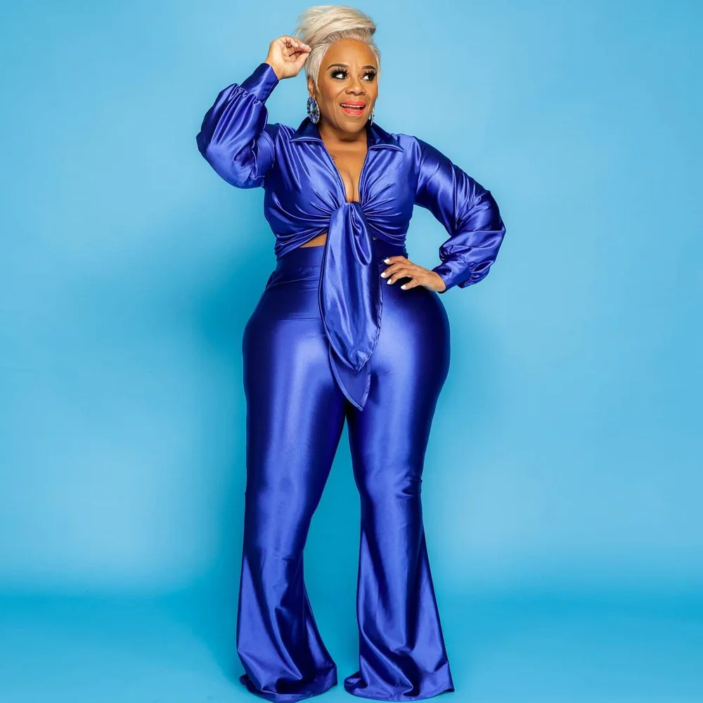 Spring Summer Plus Size 5XL Two Piece Outfits for Fat Women Solid Stretch Fashion Matching Set Satin Crop Top Women Set
