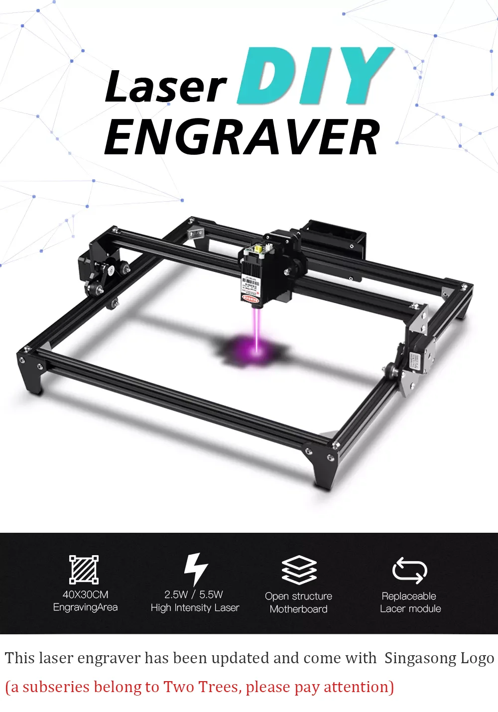 Twotrees 2500mw 30x30cm Diode Laser Engraver Engraving Desktop Carving Cutting Machine Cnc Diy 7579