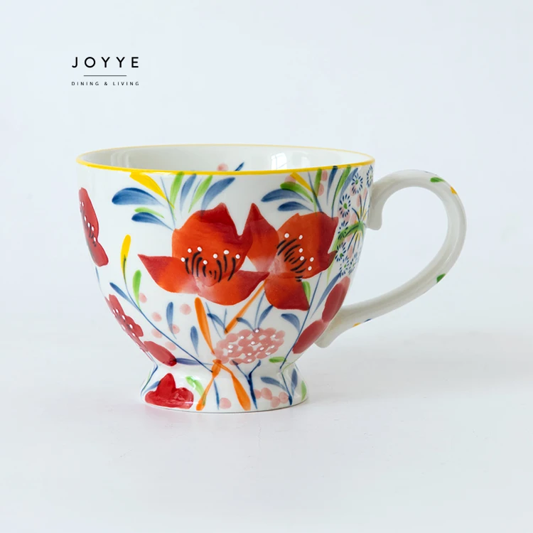 Joyye 16 oz Ceramic Coffee Mugs Set of 4 - Handpainted Colorful Flower  Design, Perfect for Home or Office Use