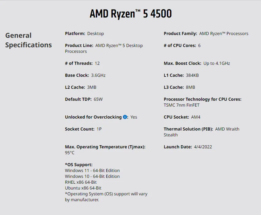 AMD Ryzen 5 4500 AM4 CPU Processor 3.6GHz 6 Core 12T 8MB Cache R5 4500 65W