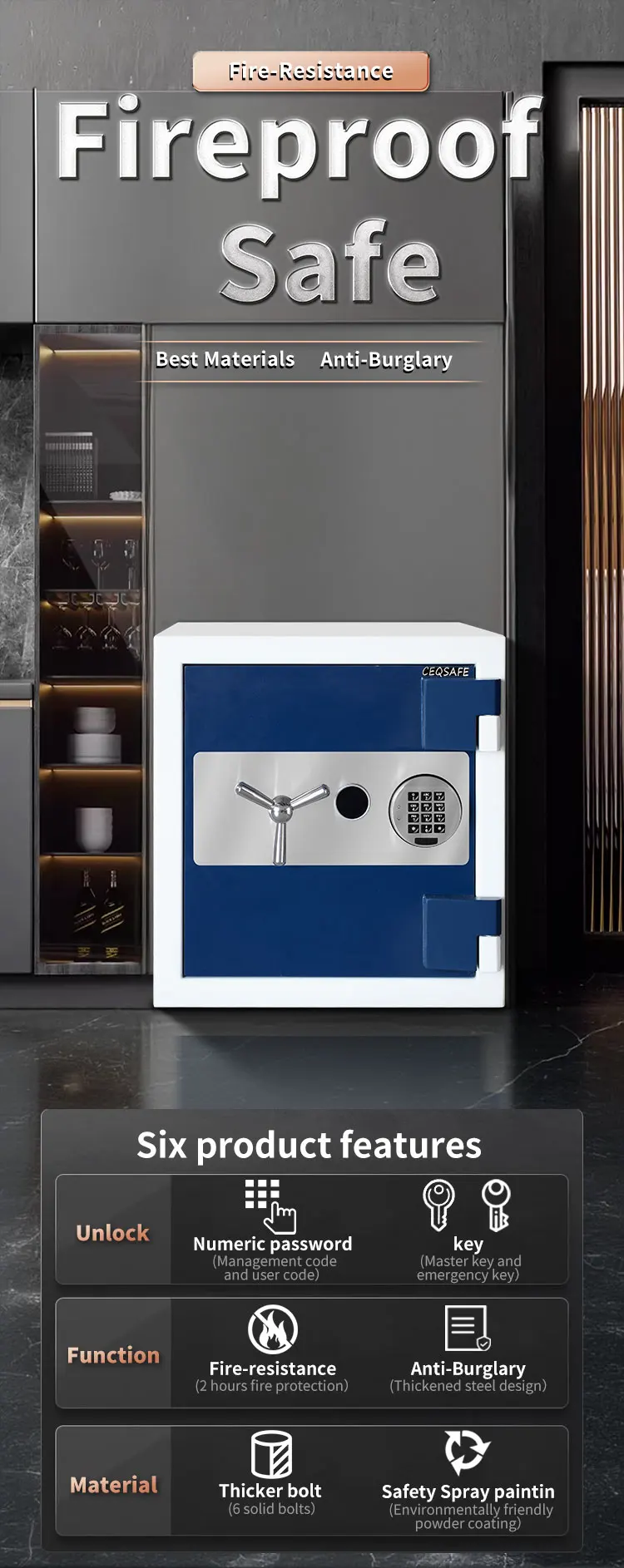 CEQSAFE Wholesale Fireproof Cabinet Safes Box Firearm Safe Fingerprint Jewelry Money Safe Box Home Hotel Office factory