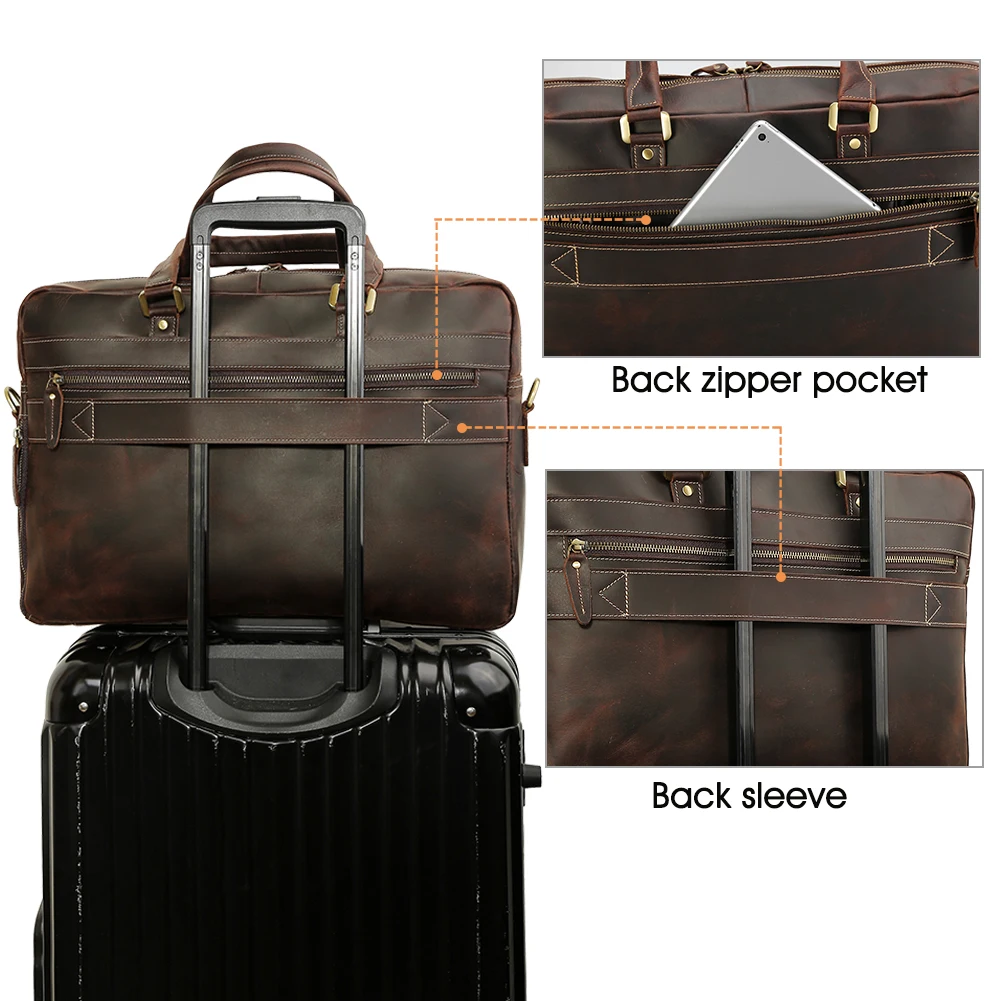 Mens Top Quality Full Grain 17 Inches Multifunction Vintage Portfolio Leather Messenger Laptop Shoulder Briefcase Bag
