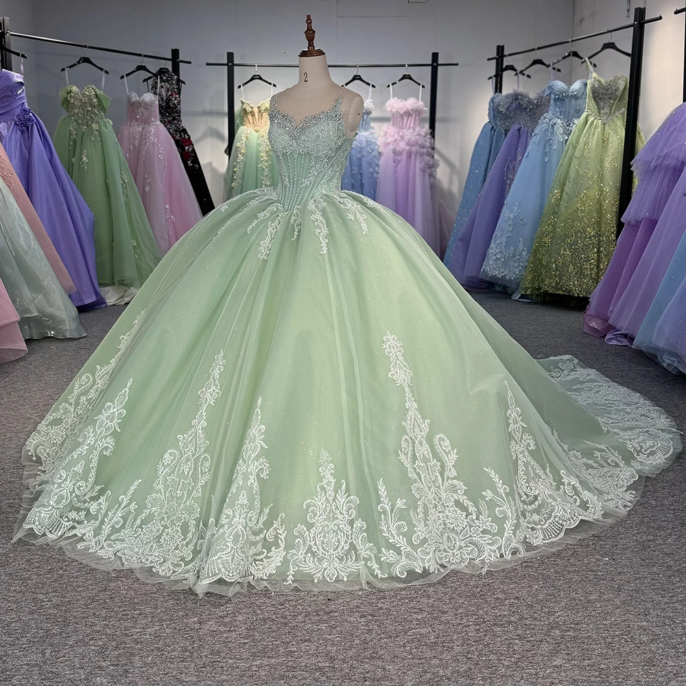 Sage Green Quinceanera Dress - Spaghetti Strap Ball Gown