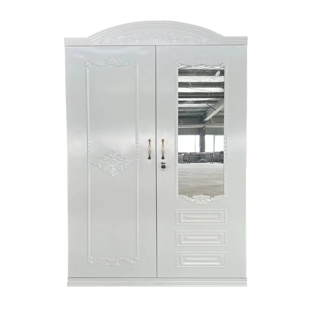 2025  Steel Imprint Pattern Almirah 3 Swing Door Metal Wardrobe Metal Cabinet Lemari Iron Printing Wardrobe With Mirror