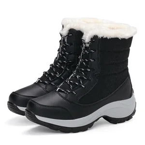 Women's Winter Outdoor Snow Boots Mid-Top Waterproof Canvas and Leather Soft and Breathable Velvet Cotton Shoes