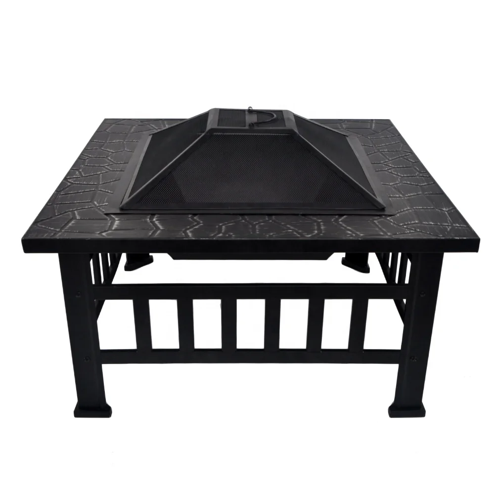 SEJR 32 Inch Steel Square Outdoor Fire Pit Table Wood Burning Garden Fireplace with High-Temperature Paint for 4-8 People