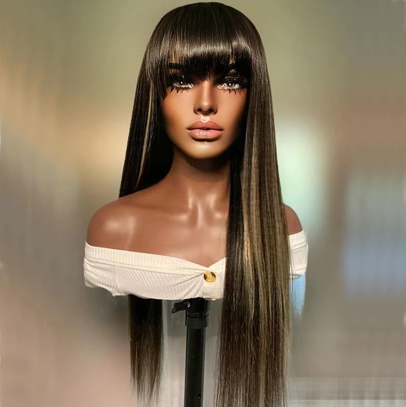 Indian Long Straight Highlight Blonde Human Hair Lace Front Wigs With Bangs  Remy Hair Highlight Brown Pre Plucked Fringe Wigs - Buy Body Wave 360 Lace  Frontal Human Hair Wig,Wavy 100% Human