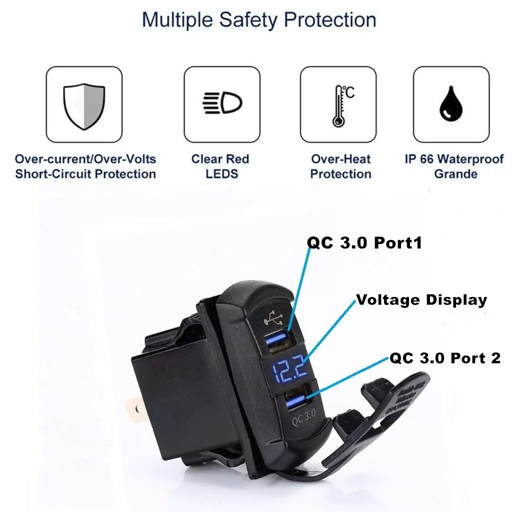 Quick Charge 3.0 Dual USB Rocker Switch Style Charger RED Voltmeter for Boats, Polaris, RZR 1000, Ranger, Mobile Home, RV details