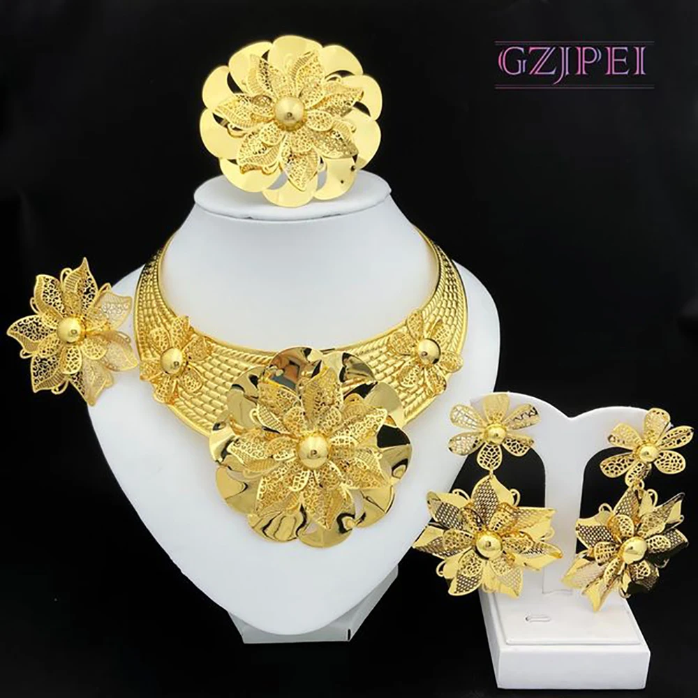 24k Gold Plated Large Size Jewelry Set With Flower Necklace Indian
