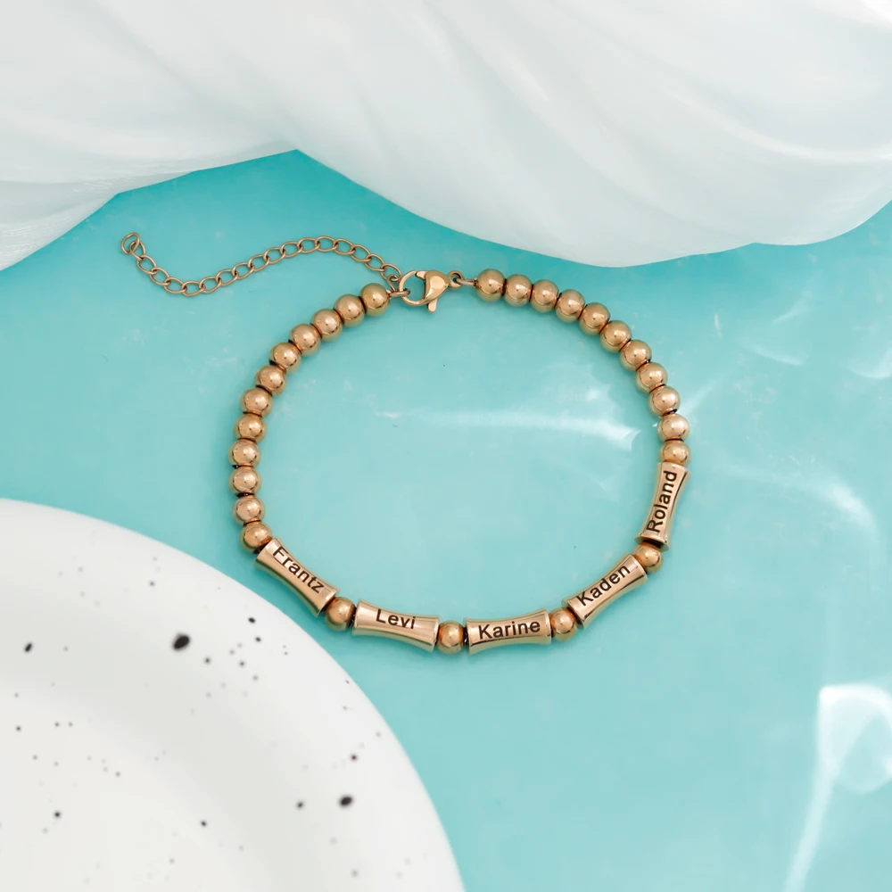 Minimalist Gold Plated Stainless Steel Bracelet for Women Engravable Bamboo Joint Bead Geometric Shape Gift Fashion Jewelry