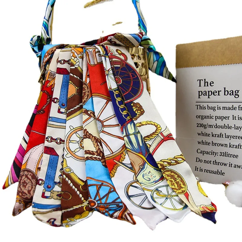 Женский атласный шелковый шарф с принтом длинный узкий 4*90 см сумочка ручкой для шеи и духов Twillies