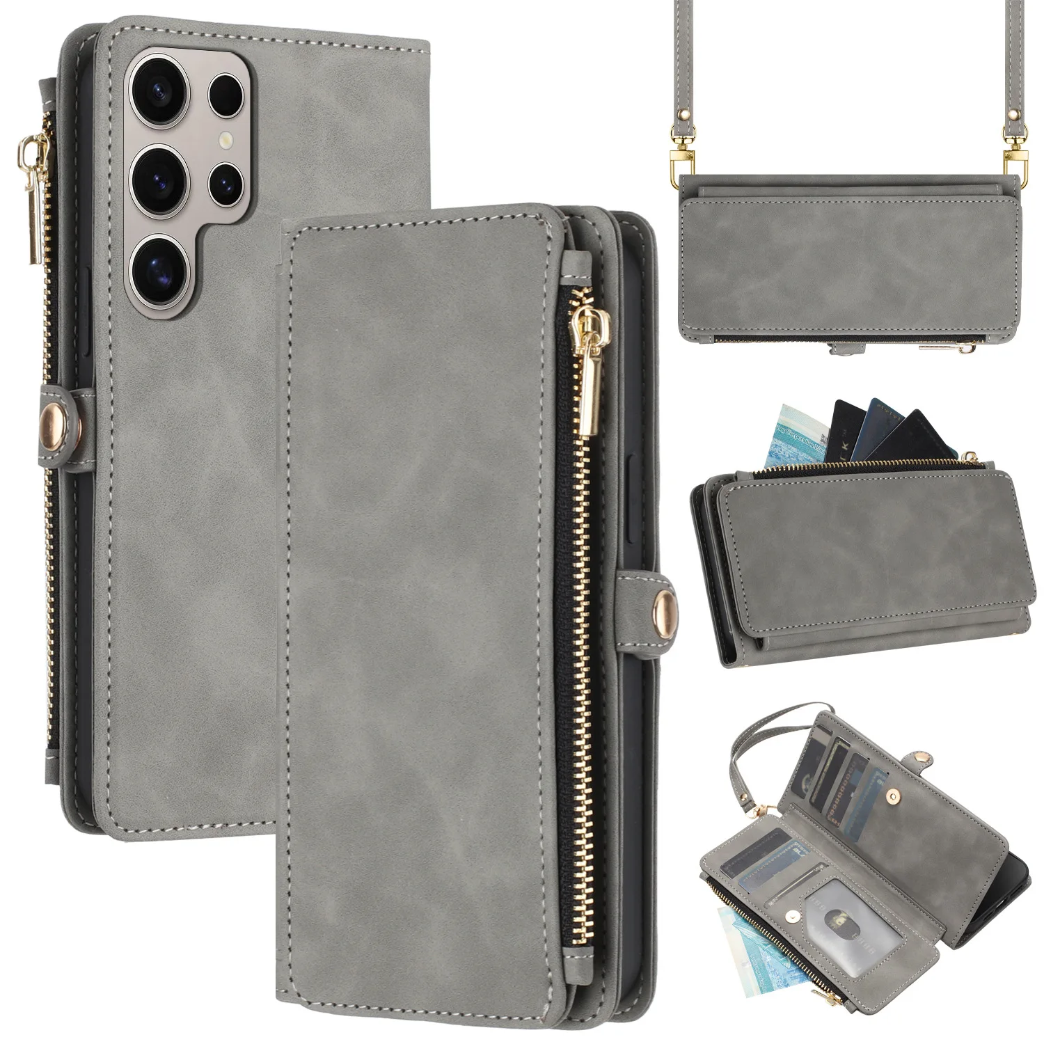 Custom Luxury Leather Phone Case with Desk Stand For Samsung S25 Plus Ultra Wallet Matte Lanyard Case Myc1253 details