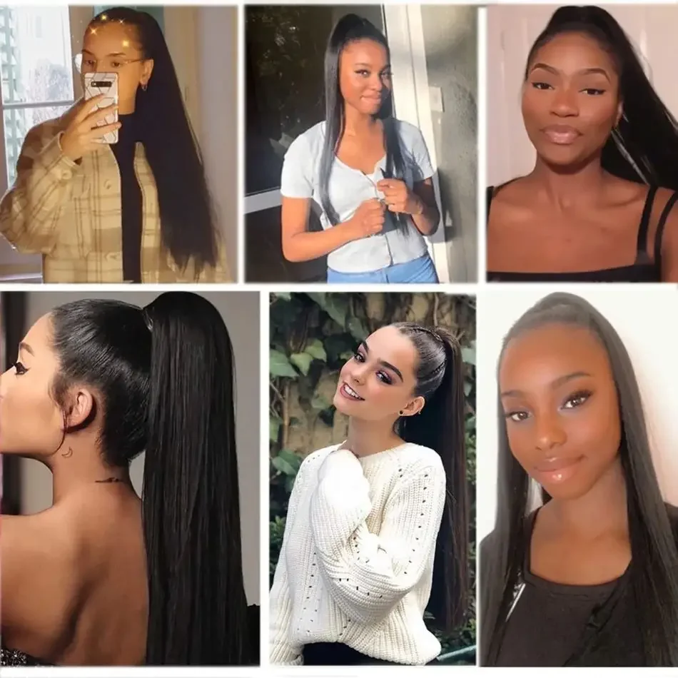 Coda di cavallo 100% capelli umani, europea, liscia, castano scuro, con clip, coda di cavallo, macchina per capelli Remy_voghion.com