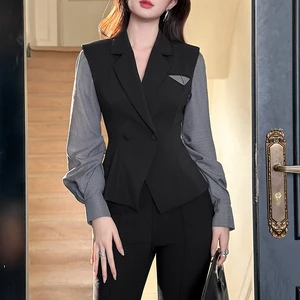 ZYHT 35389 Chic Office Jacket Black Double-Breasted Blazer with Plaid Puff Sleeves Women's Blazers Contrast Panel Design