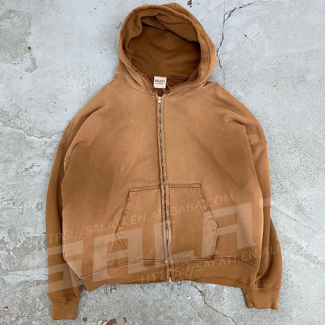 Custom Zipper Hoodie Jacket Cotton French Terry Sweatshirts Blank Full Zip up Vintage Acid Wash Distressed Hoodies for Men gallery 2
