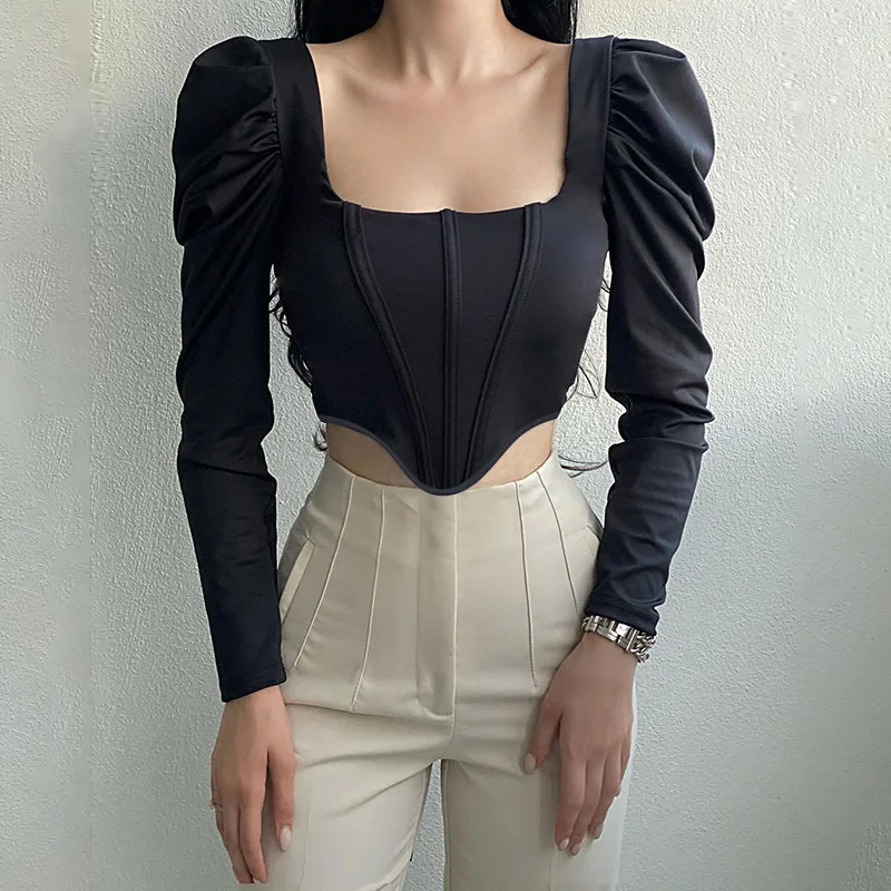 Spring Autumn Casual Vintage Square Collar Puff Sleeve Ladies Trendy Crop Top Fashion Sexy Slim Blouses Elegant Women