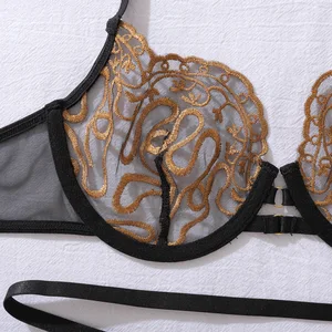 In Stock 2026 Sexy Lingerie Sheer Embroidery Lace Transparent Push up Bra Thong Garters Lingerie Women High Quality