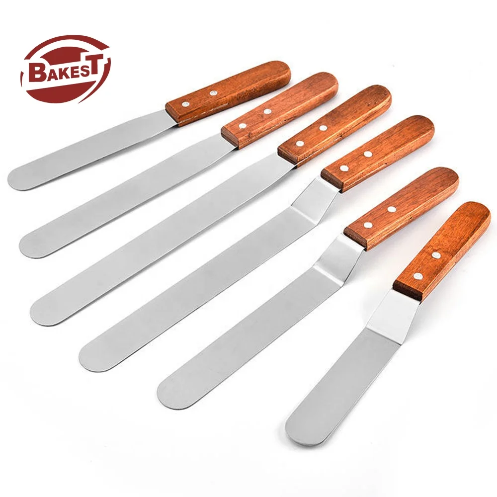 New Wooden Handle Cake Icing Spatula Curved/Straight Stainless Steel Frosting Cream Decorating Angular Icing Baking Pastry Tool
