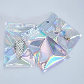 Transparent Holographic Laser Resealable Mylar Ziplock Packing Bags Heat Seal Zipper Laser Bag for Jewelry Gift Candy Packaging