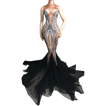 Fashion Sleeveless Black Print Trailing Party Dress Ladies Singer Stage Costume Sexy Mermaid Prom Long Dress Women Evening Gown