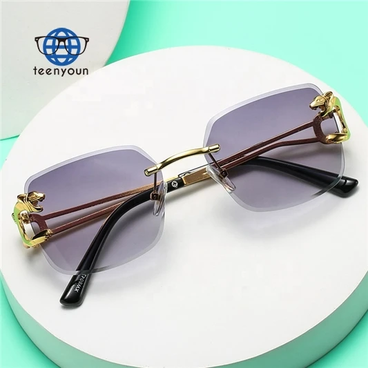 Teenyoun Multi Color 90S Rectangle Small Frame Sun Glasses Woman Man Tiger Design Transparent Metal Square Rimless Sunglasses