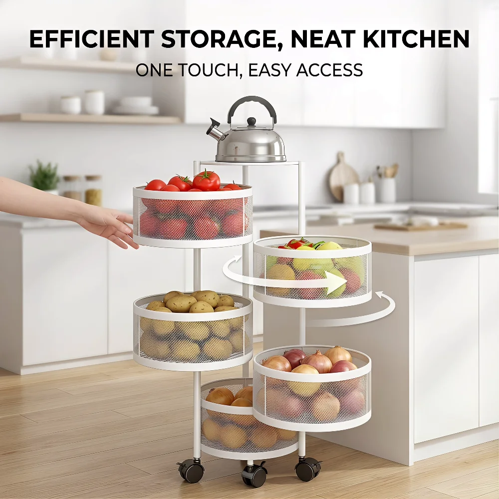 Rotating Steel 4-Tier Durable Shelf Round Trolley Vegetable Fruit Cart Multifunctional Kitchen Storage Rack