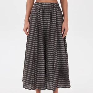 Wisrise Fashion Custom Wholesale Women's Dark Brown Checked Wide Elastic Waist Midi Skirt for Fashionable Casual Looks