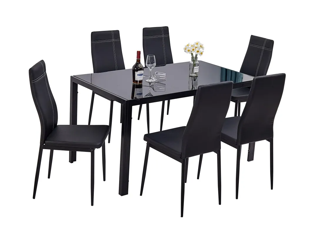 extending black glass dining table and 6 chairs set