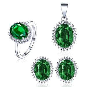 Classic Engagement 925 Sterling Silver Jewelry Sets Aaa Crystal Rhodium Plating Oval Gemstone Emerald Set Jewelry