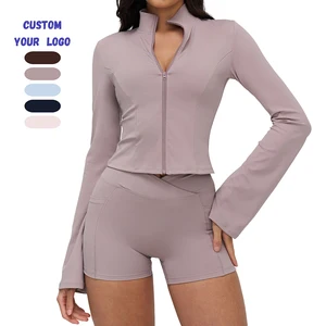 Solid Color Women Yoga Jacket Stand Collar Full Zipper Bell Sleeve Moisture Wicking Breathable Slim Fit Outdoor Fitness Top