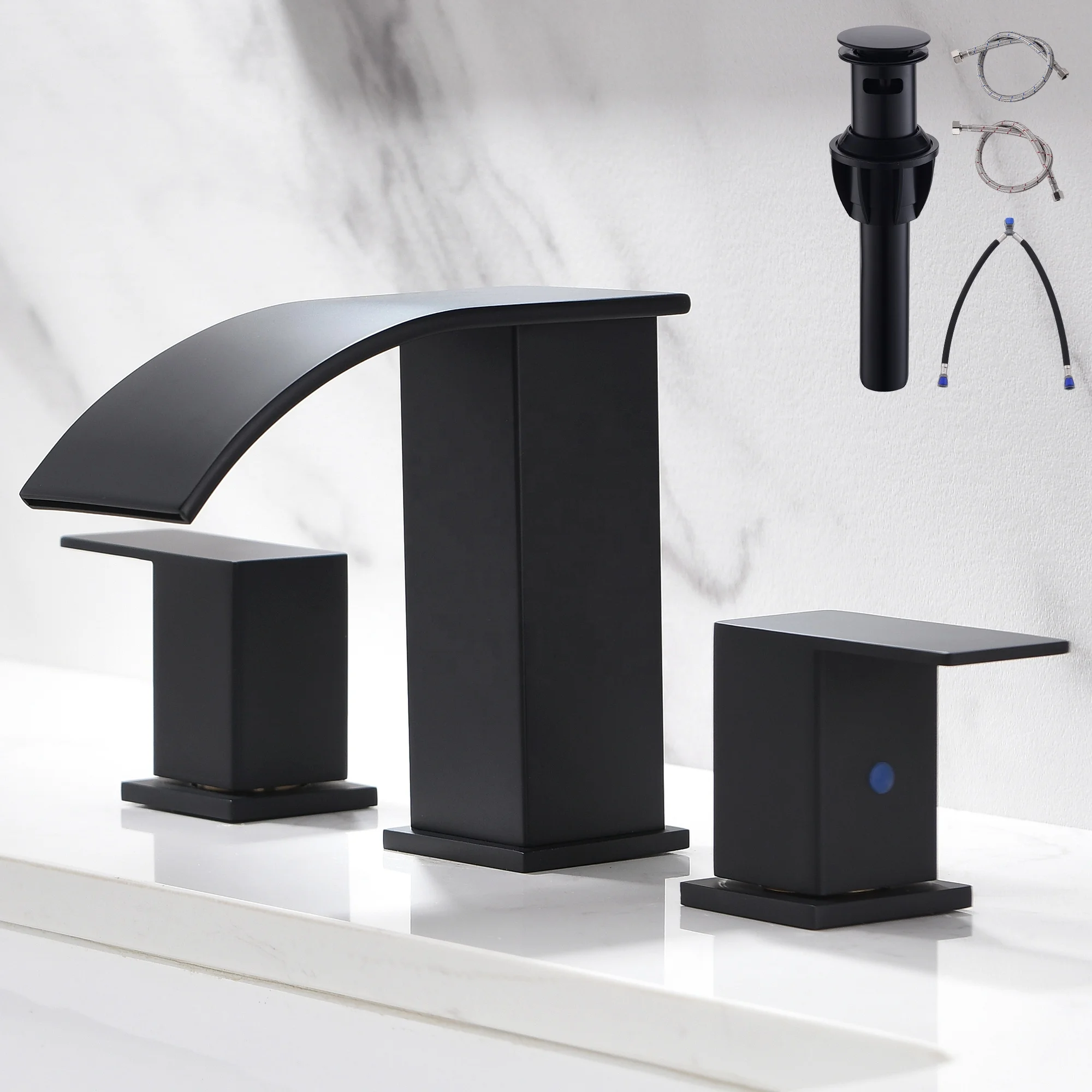 Modern Matte Black 3 Holes Dual Handle Basin Faucet 8 Widespread 304 Stainless Steel Ceramic Contemporary Deck Living Room