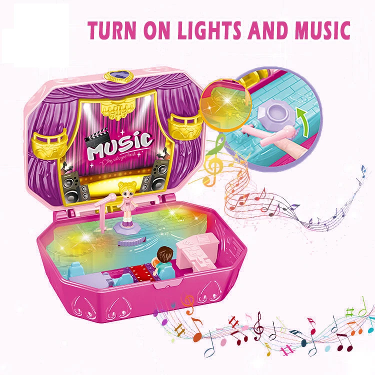 EPT Mini Lighting and Music Small Stage Portable Pocket Minitures Pretend Play Magic Box Toy Polly Pockets Dolls House for Girls