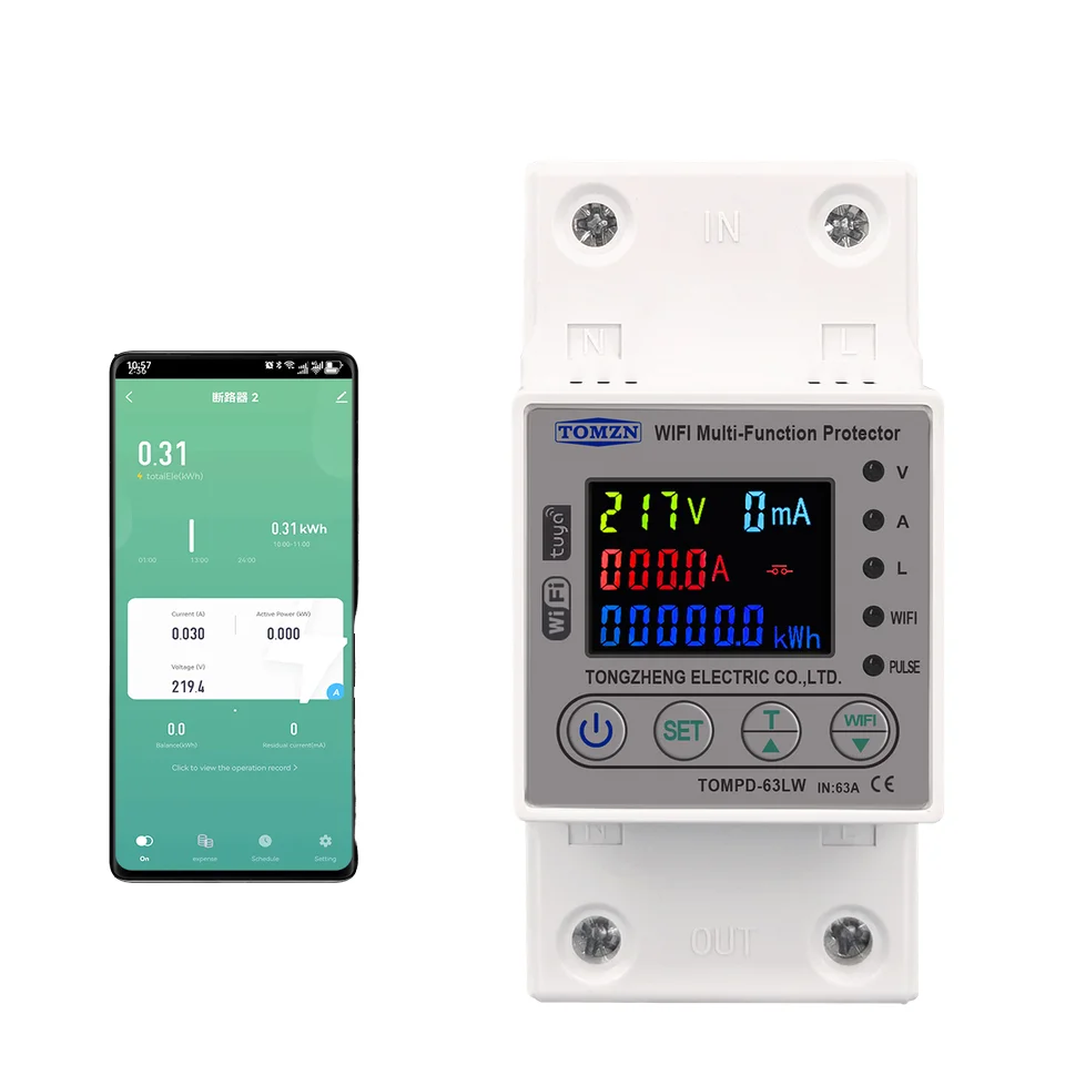 TOMZN 63A 80A WIFI Smart Energy Meter Kwh Metering Circuit Breaker Timer with Voltage Current and Leakage protection TUYA TOMPD