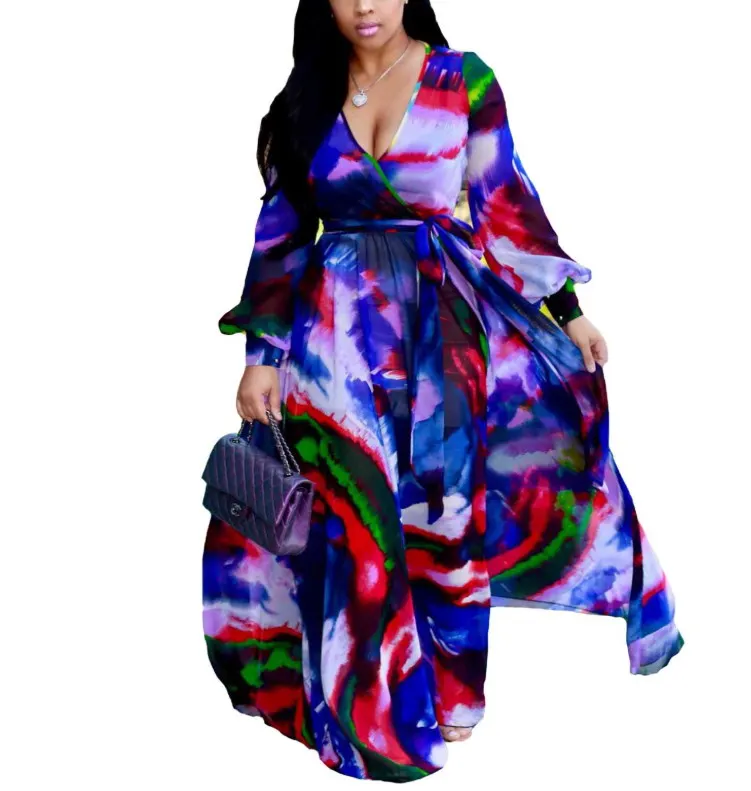 PASUXI Good Reputation Chiffon Digital Print Women Maxi Dress Long Sleeve Plus Size Party Dresses