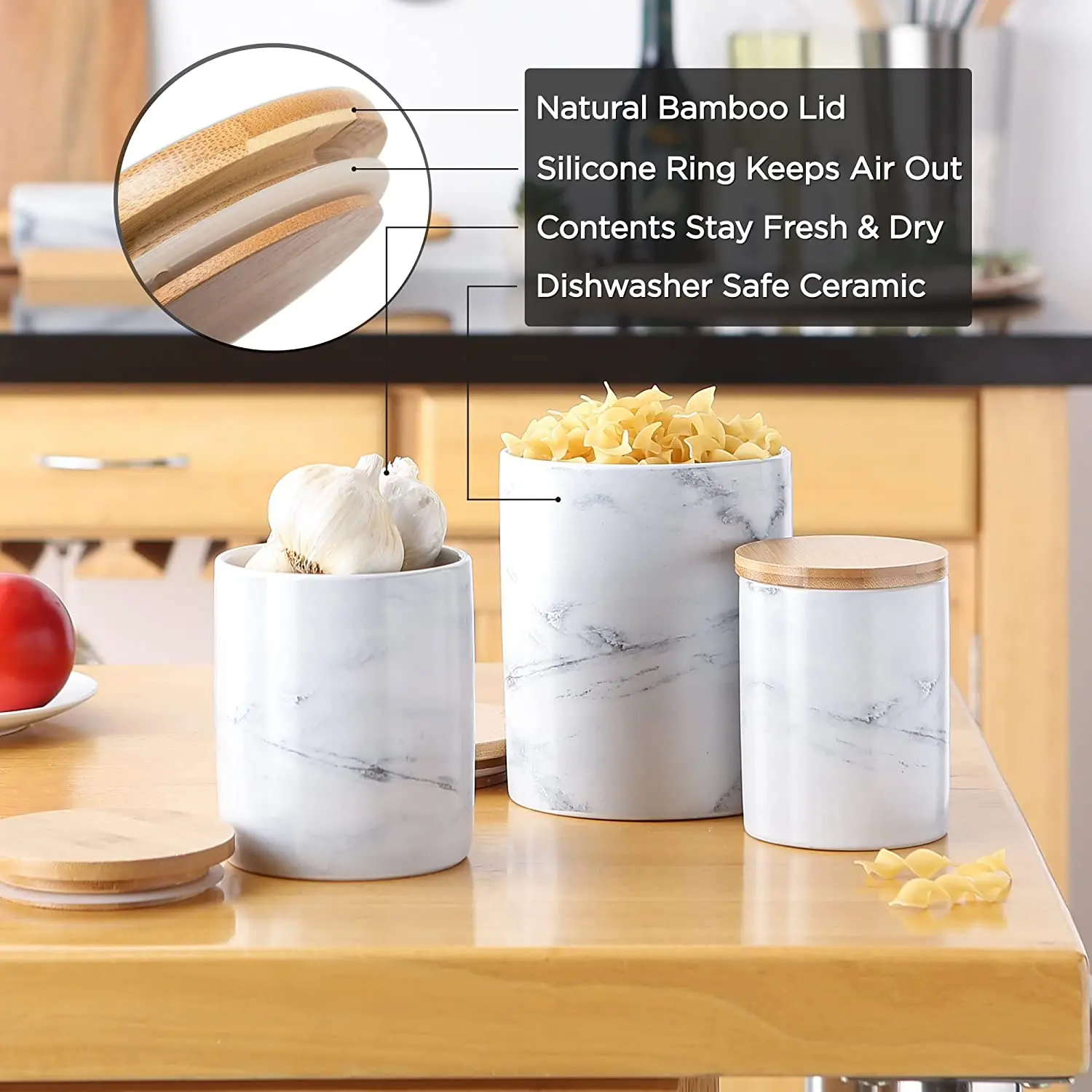 Set of 3 Marble Ceramic Food Storage Jar Coffee Sugar Tea Canister Porcelain Salt Sugar Container