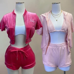 Huilil Manufacturer's Custom Logo Women's Zip-Up Short Set 2-Piece Velour Crop Top Shorts Button Decoration OEM Velvet Short Set