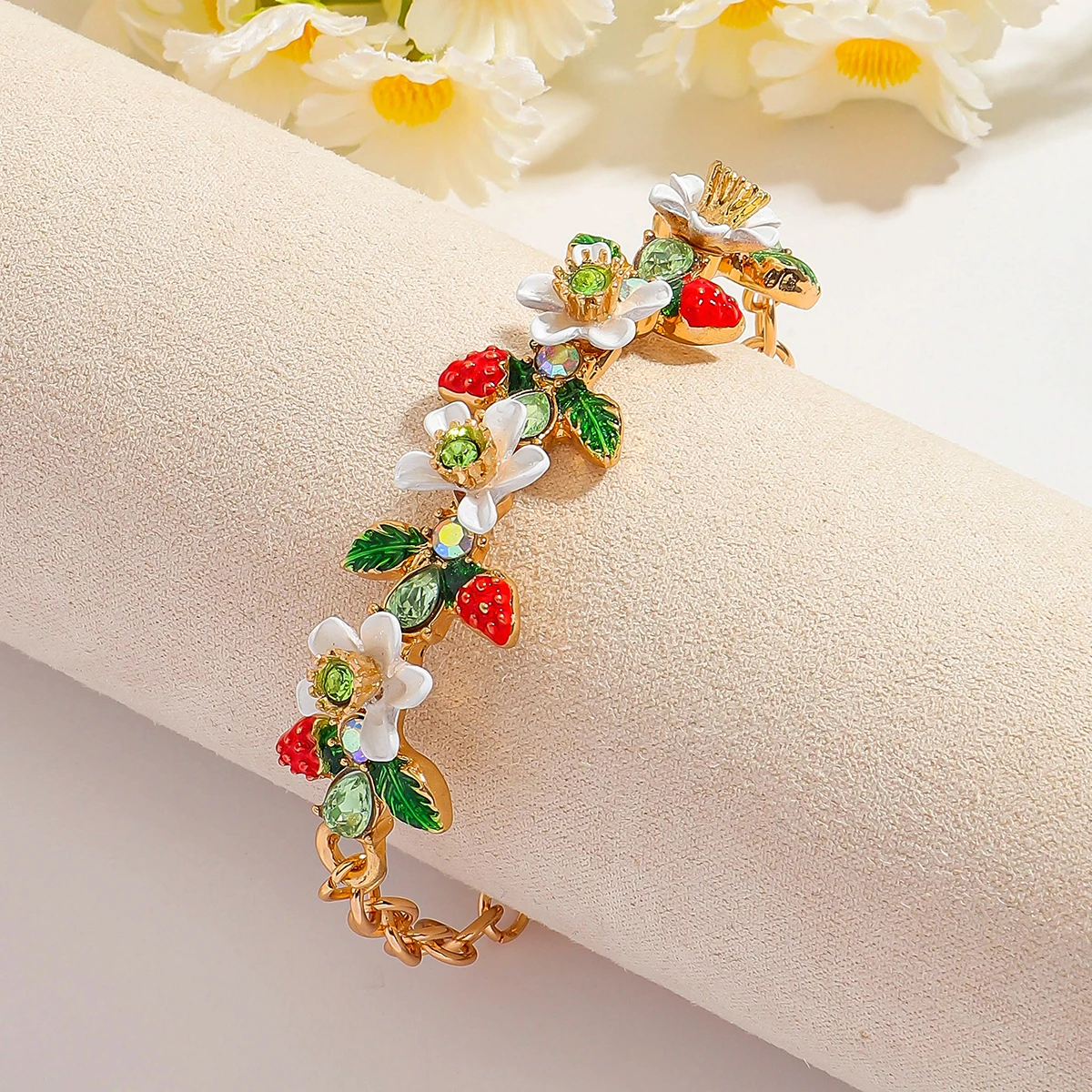 Elegant Strawberry Flower Enamel Bracelet