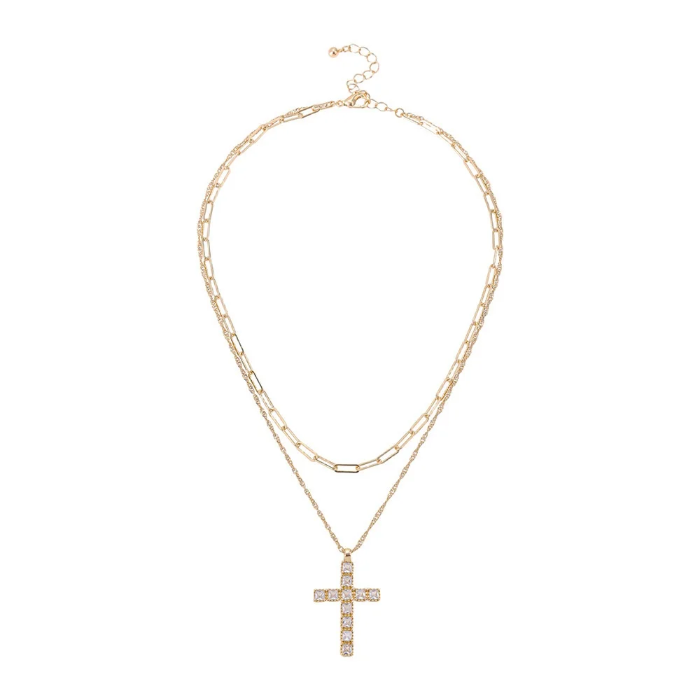 2025 Summer New Double-Layer Overlapping Cross Pendant Necklace Micro-Inlaid Rhinestone Alloy Link Chain Cross-Border Wear