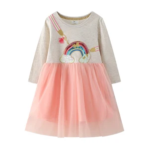 YOEHYAUL Rainbow Embroidery Long Sleeve Tutu Dress for Baby Girl Clothing Princess Toddler Tulle Dress 1-2years