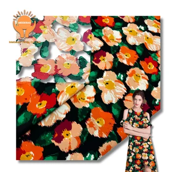 Wholesale comfortable and breathable polyester fabric waist flower Korean silk plain print for women's dresses blouses