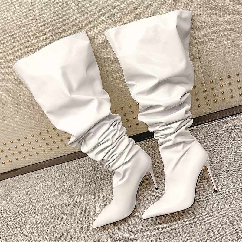 High Quality Women Wide Fit Pointed Toe Ladies Fashion Fold Over Leather Thigh High Boot - Image 2