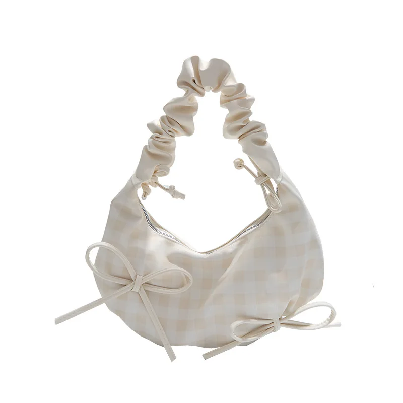 Niche Soft Ruched Zipper Bags 2026 New Summer Plaid Half Moon All-Match Shoulder Underarm Korean Style Commuter Handheld Small