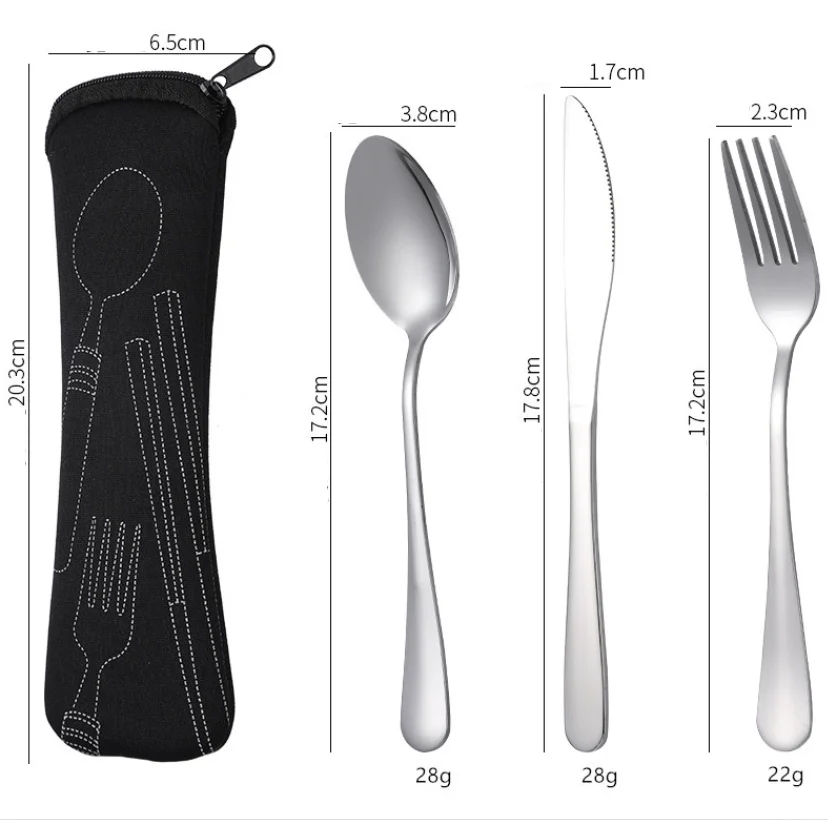 Stainless Steel Flatware Durable  304 Spoon Fork Knife With Cloth Pouch 3pcs or 4pcs Cutlery Set