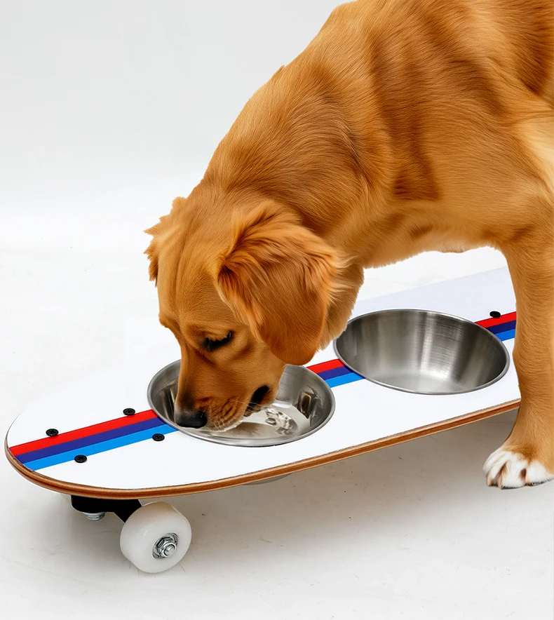 Pet Double Bowl Skateboard-shaped Bowl New Cat and Dog Feeder Stainless Steel Pet Bowl supplier