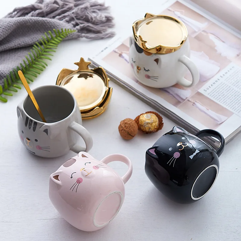 Creative Crown Cute Cat with Lid and Spoon Coffee Cup High Temperature Ceramic Mug