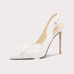 Lily Wei Women's Elegant White Lace Dress Shoes Ankle Strap Button Hard-Wearing Stiletto Pointed Toe